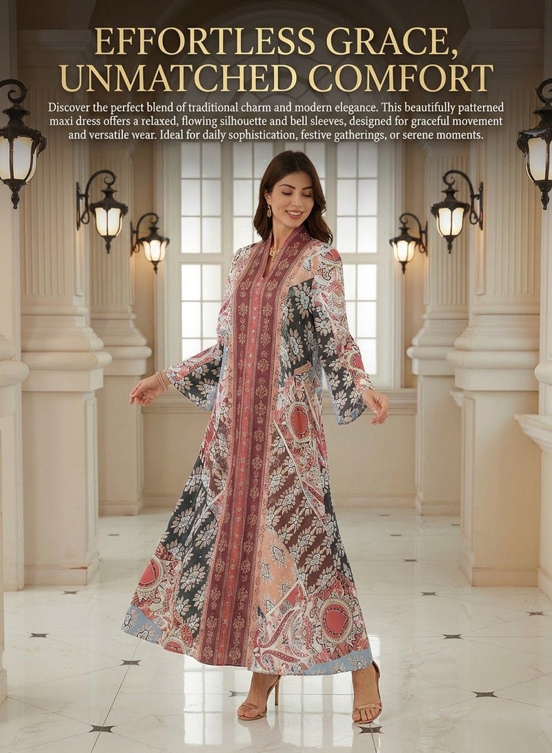 MS MIN Paisley Ethnic Print Abaya, V-Neck Loose Fit Breathable Maxi Dress with Rhinestone Detail, Casual Jalabiya for Home & Outing - Image 3